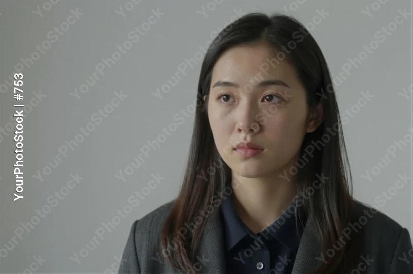 Young Asian Woman in Serious Expression Wearing Dark Blue Blazer