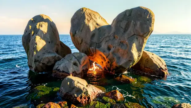 Rocky Coastline with Rocks and Water with heart shape in the rocks