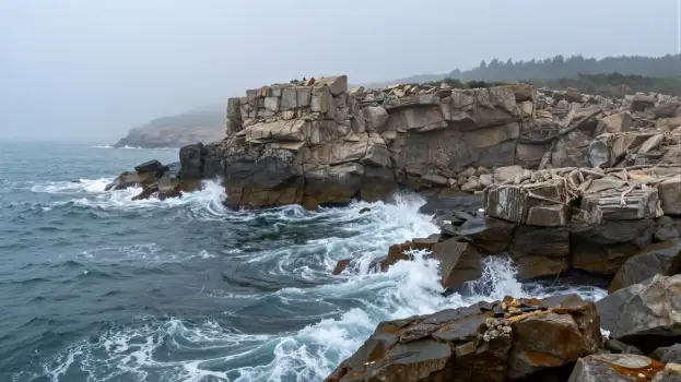 Rocky Coastline with Waves waves crashing overcast sky