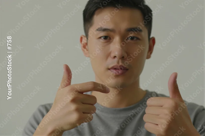 Young man making a thumbs up with serious expression