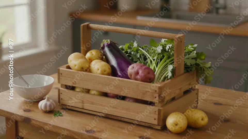 Fresh Vegetables in Wooden Crate on Kitchen Countertop