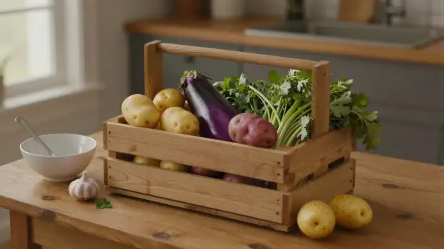 Fresh Vegetables in Wooden Crate on Kitchen Countertop