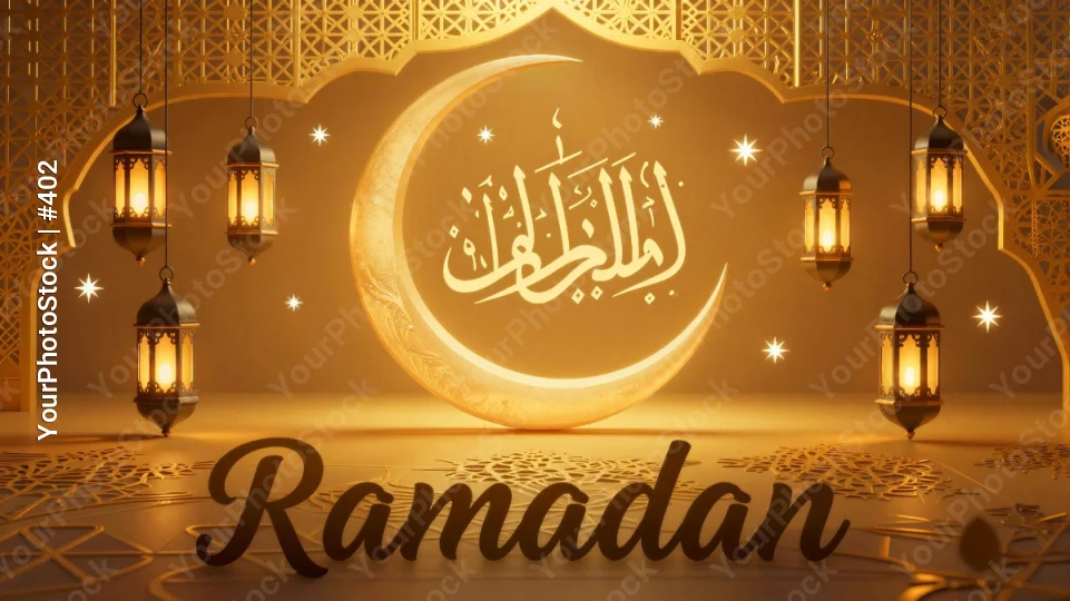 Ramadan greeting card with crescent moon and Arabic calligraphy