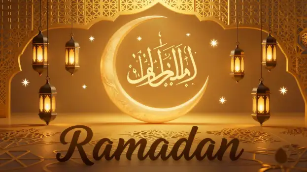 Ramadan greeting card with crescent moon and Arabic calligraphy