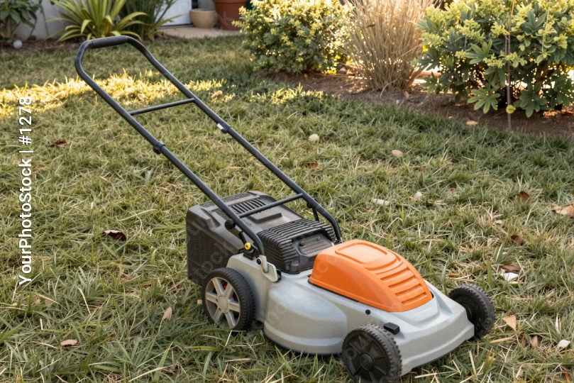Orange and Grey Lawn Mower in Garden green grass