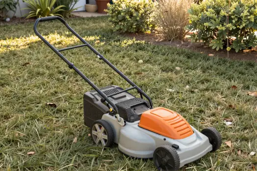 Orange and Grey Lawn Mower in Garden green grass