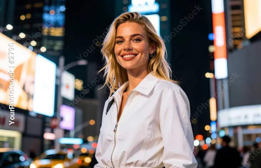 Smiling Young Woman in Urban Setting at Night