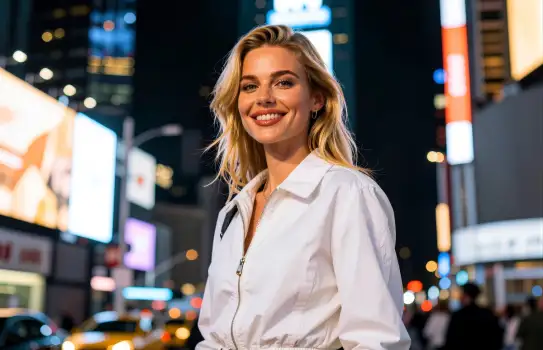 Smiling Young Woman in Urban Setting at Night