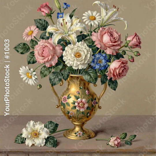 Pastel Bouquet of Flowers in Gold Vase on Wooden Table