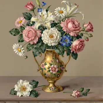 Pastel Bouquet of Flowers in Gold Vase on Wooden Table