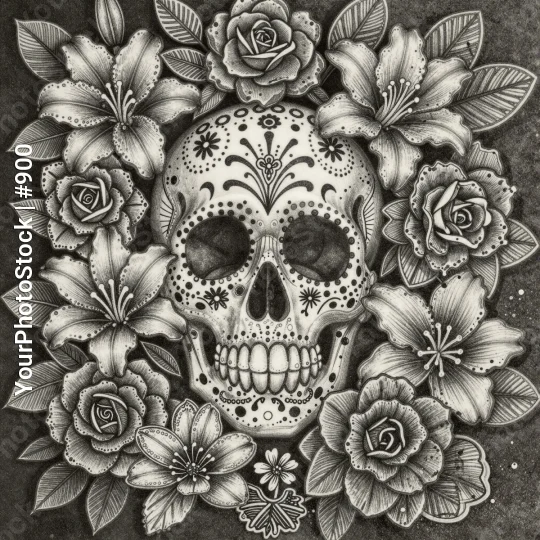 Skull Surrounded by Roses and Lilies | Black and White Illustration