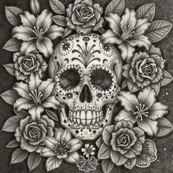 Skull Surrounded by Roses and Lilies | Black and White Illustration