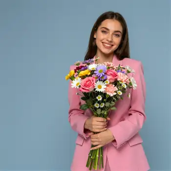 Young Woman Holding Bouquet of Flowers roses daisies