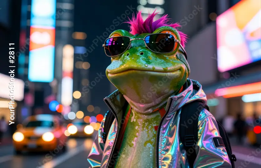 Frogg with Sunglasses and Backpack on City Street at Night cyberpunk