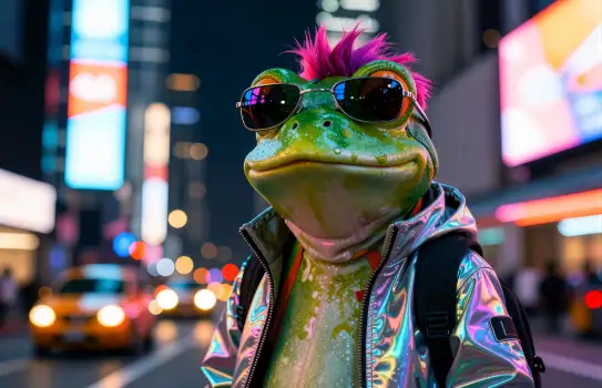 Frogg with Sunglasses and Backpack on City Street at Night cyberpunk