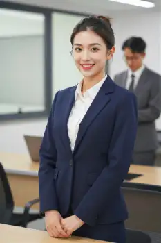 Professional Woman Smiling in Modern Office blazer business