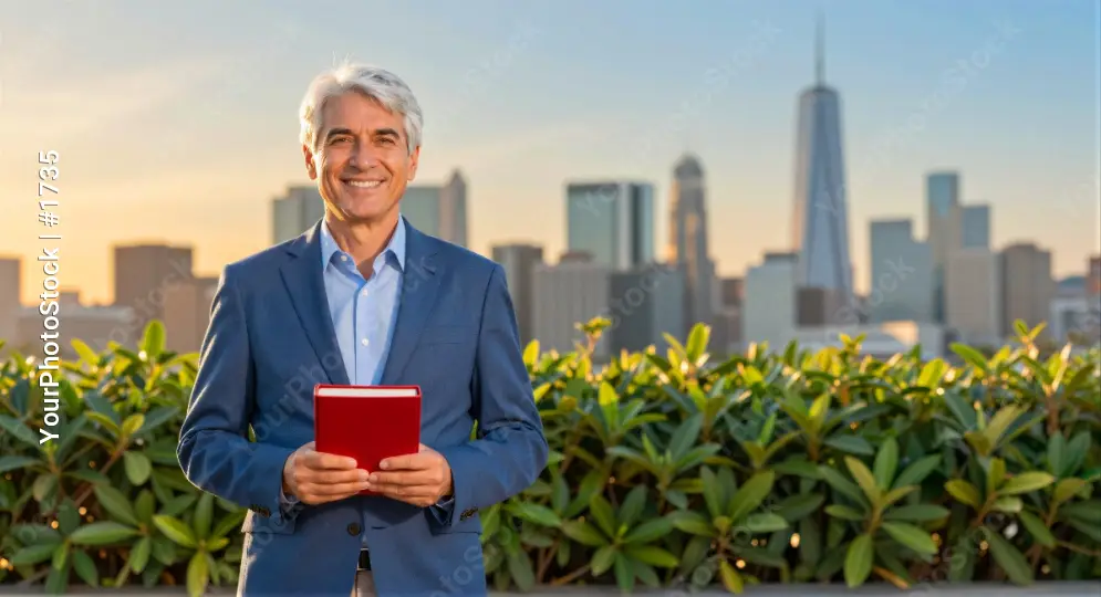 Middle-aged man in front of city skyline holding book