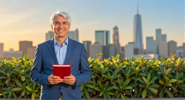 Middle-aged man in front of city skyline holding book