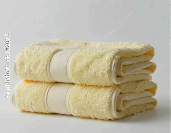 Soft Yellow Towels Folded Neatly on White Background hotel