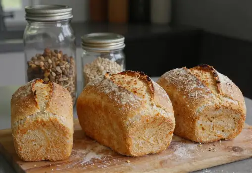 Three Loaves of Freshly Baked Bread on Wooden Cutting Board