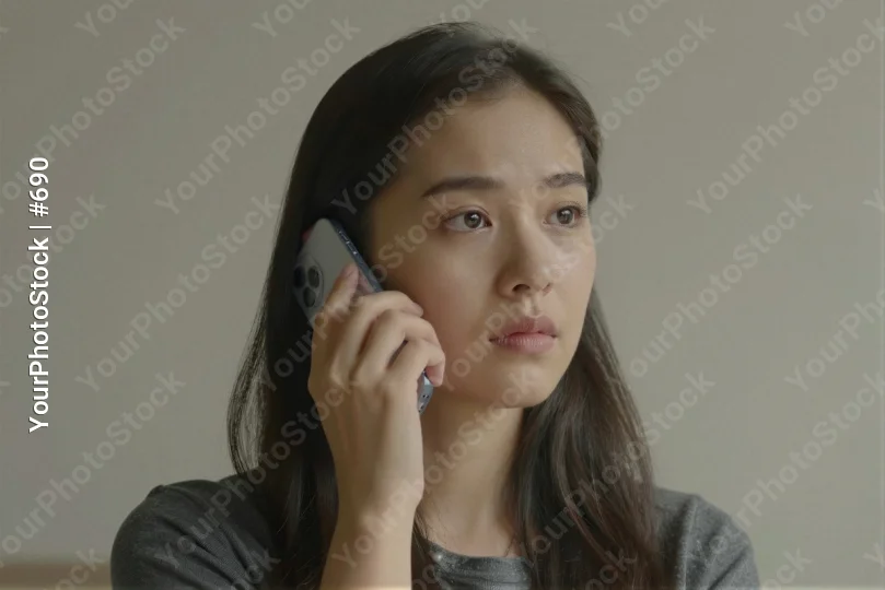 Young Woman Deep in Thought on Phone serious expression
