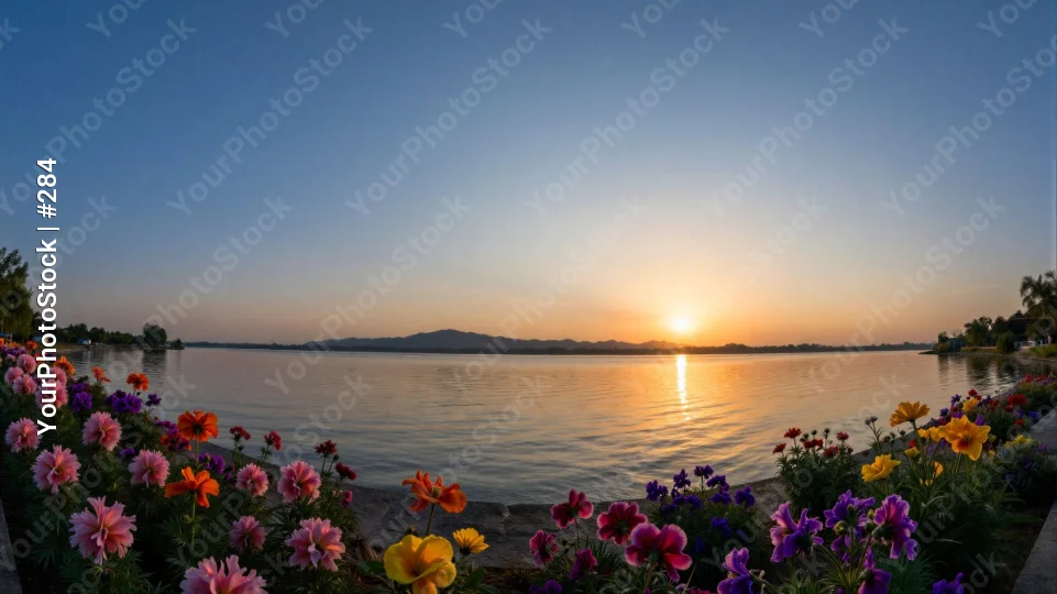 Sunset over water with colorful flowers landscape
