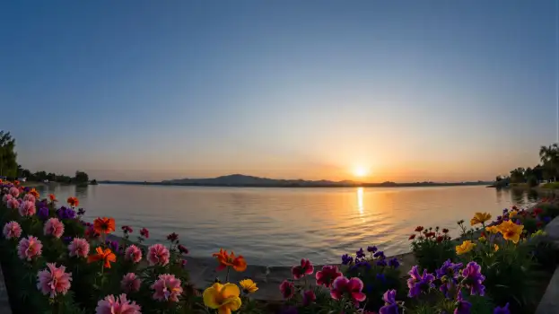 Sunset over water with colorful flowers landscape
