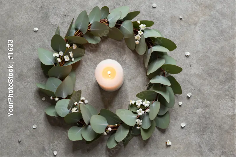 Minimalist Eucalyptus Wreath with Candle on Gray Surface