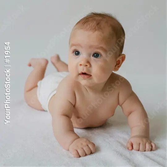 Baby lying on stomach on white blanket curious
