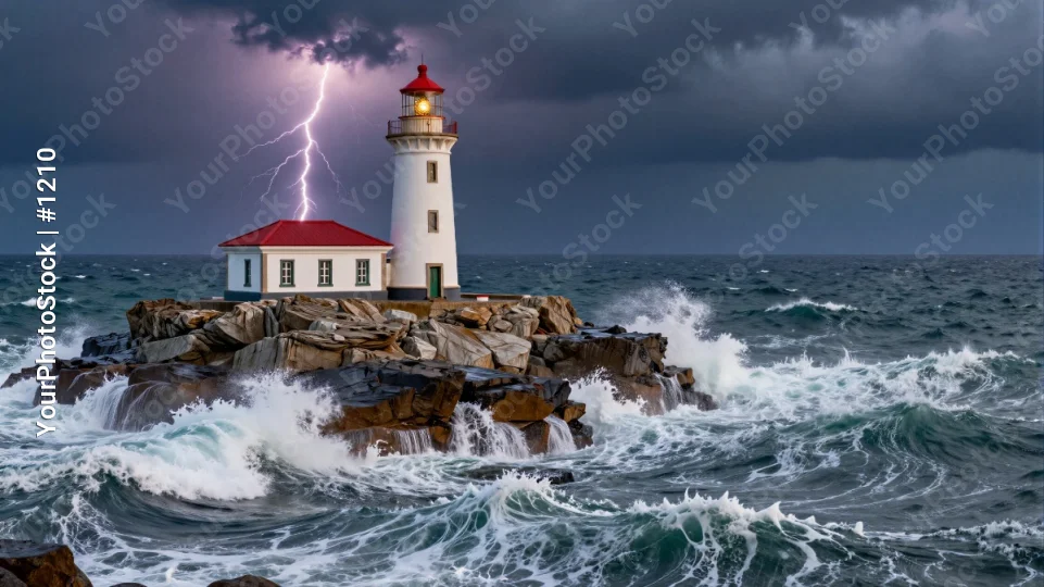 Stormy Lighthouse on Rocky Shore lightning dark clouds