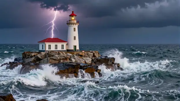 Stormy Lighthouse on Rocky Shore lightning dark clouds