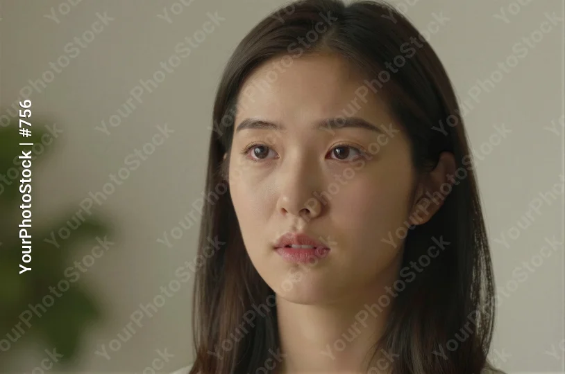 Young Asian Woman with Serious Expression close-up portrait