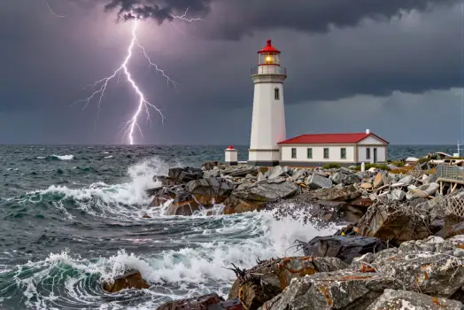 Stormy Lighthouse on Rocky Shore lightning waves
