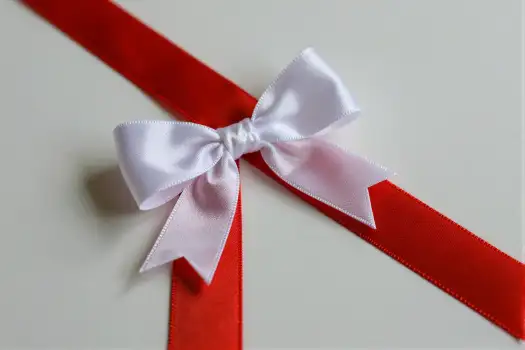 Red Ribbon with White Bow Close-Up tied neatly gift