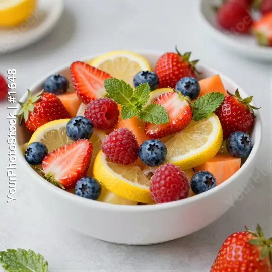 Colorful Fruit Salad in White Bowl strawberries