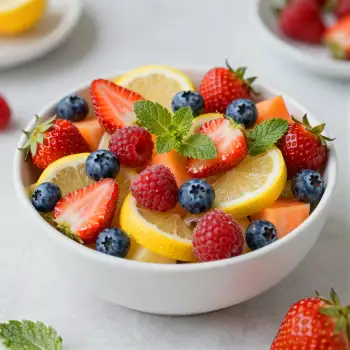 Colorful Fruit Salad in White Bowl strawberries