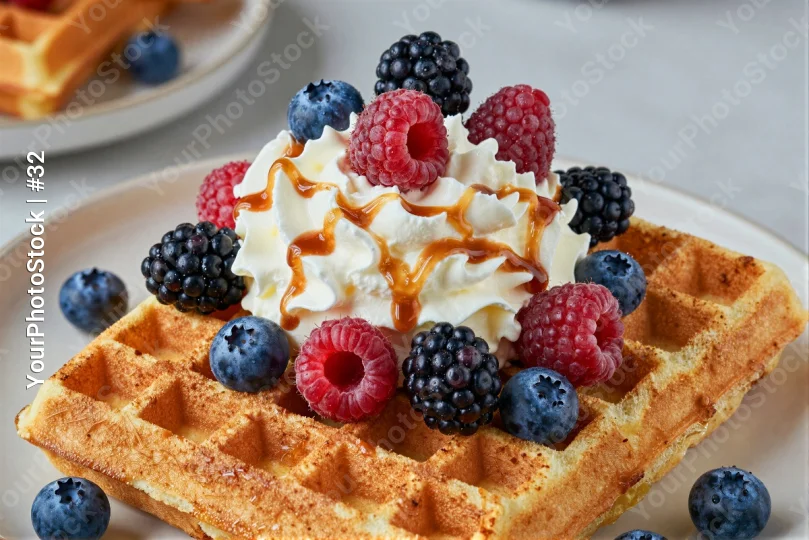 Fresh Waffles Topped with Berries and Whipped Cream