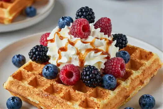Fresh Waffles Topped with Berries and Whipped Cream
