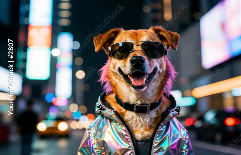 Dog in Sunglasses on City Street at Night cyberpunk