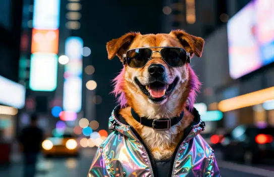 Dog in Sunglasses on City Street at Night cyberpunk