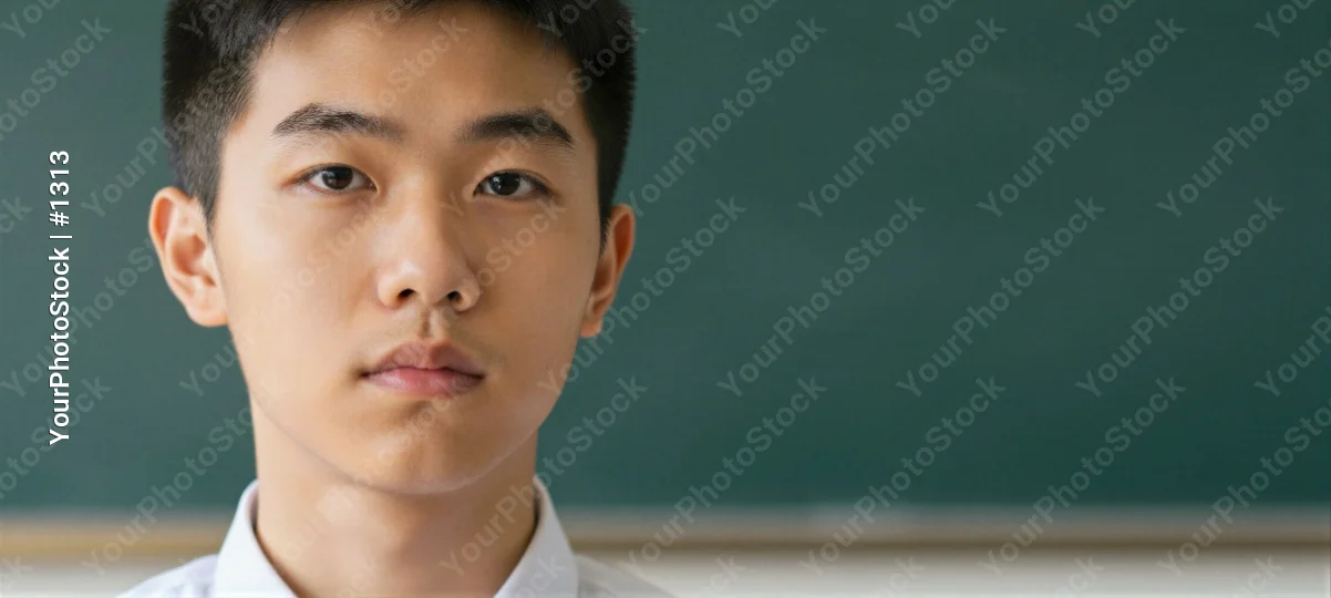 serious asian man in front of chalkboard portrait