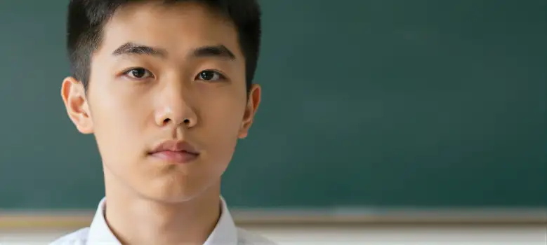serious asian man in front of chalkboard portrait