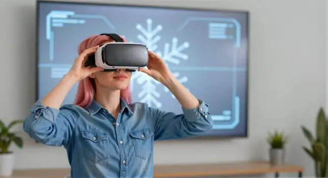Young Woman Wearing VR Headset Immersed in Virtual Reality