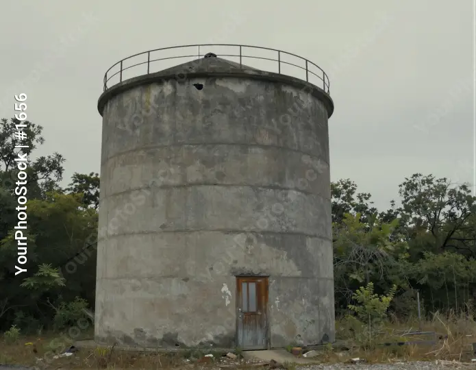 Abandoned Concrete Silo with Cracks in Overcast Sky