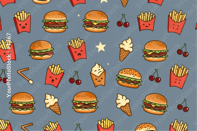 Fast Food Pattern with Burgers, Fries, Ice Cream