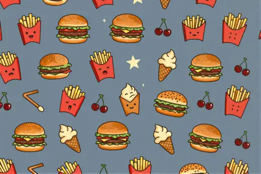 Fast Food Pattern with Burgers, Fries, Ice Cream