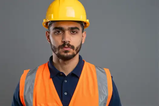 Young man in safety gear looking serious serious expression