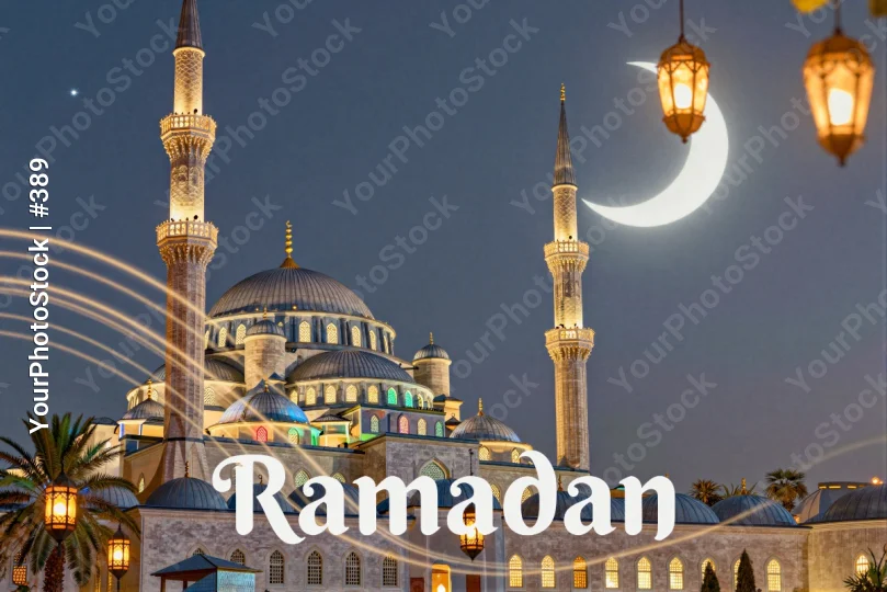 Mosque with Crescent Moon during Ramadan Night