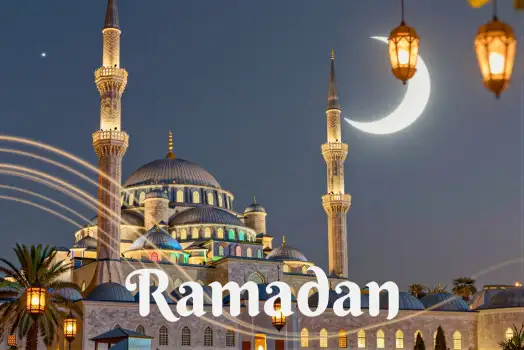 Mosque with Crescent Moon during Ramadan Night