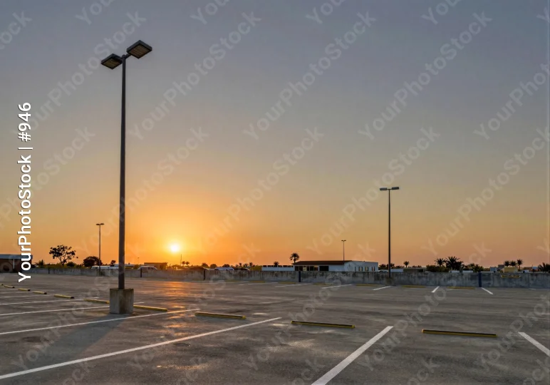 Empty Parking Lot at Sunset street lamps serene